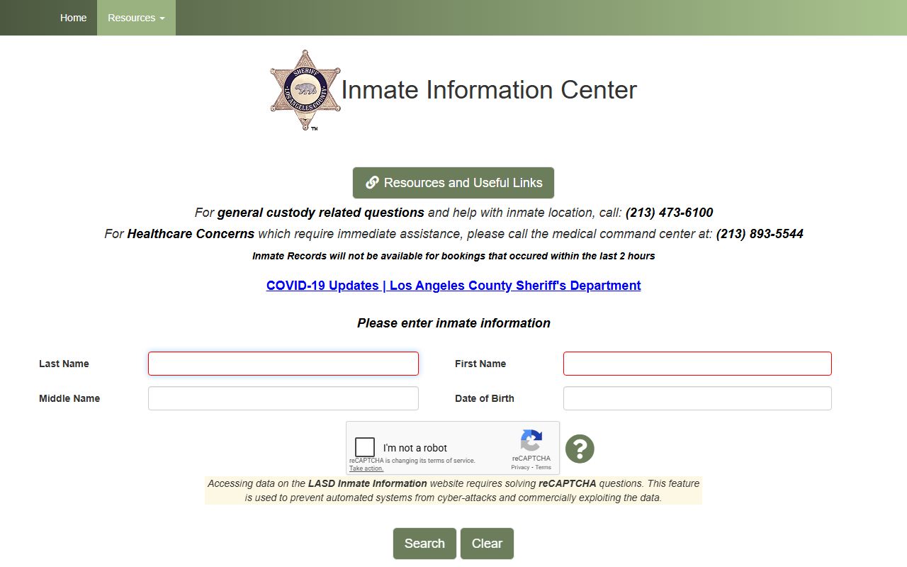LASD Inmate Information Center search for Los Angeles busted mugshots