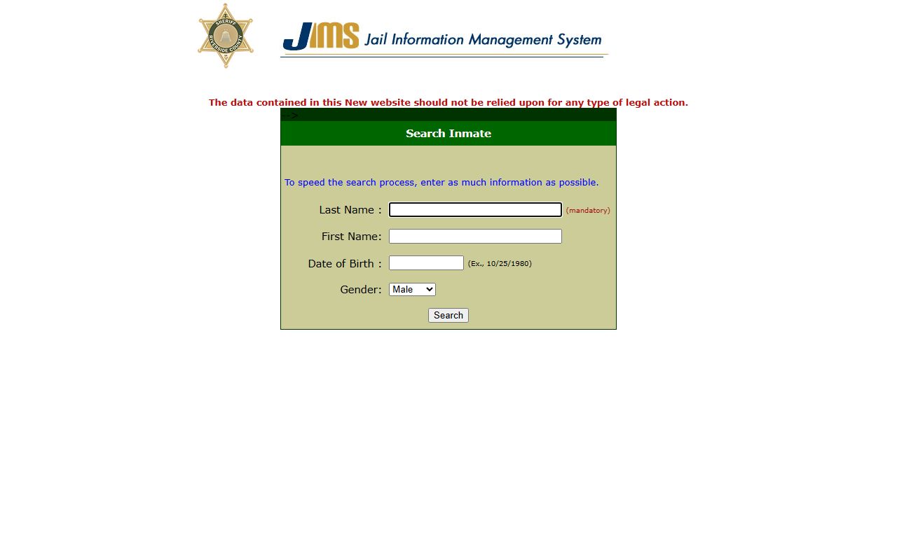 JIMS public database search page for Riverside County busted mugshots