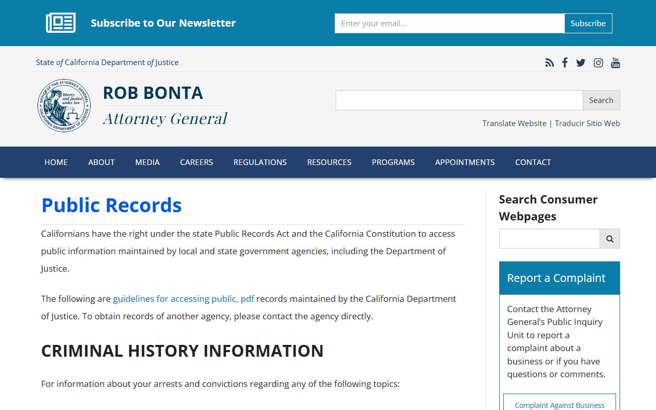 California DOJ Public Records Act information page for busted mugshots requests
