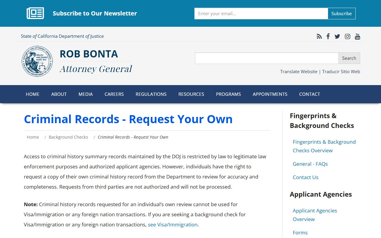 California DOJ Record Review page for criminal history and busted mugshots records