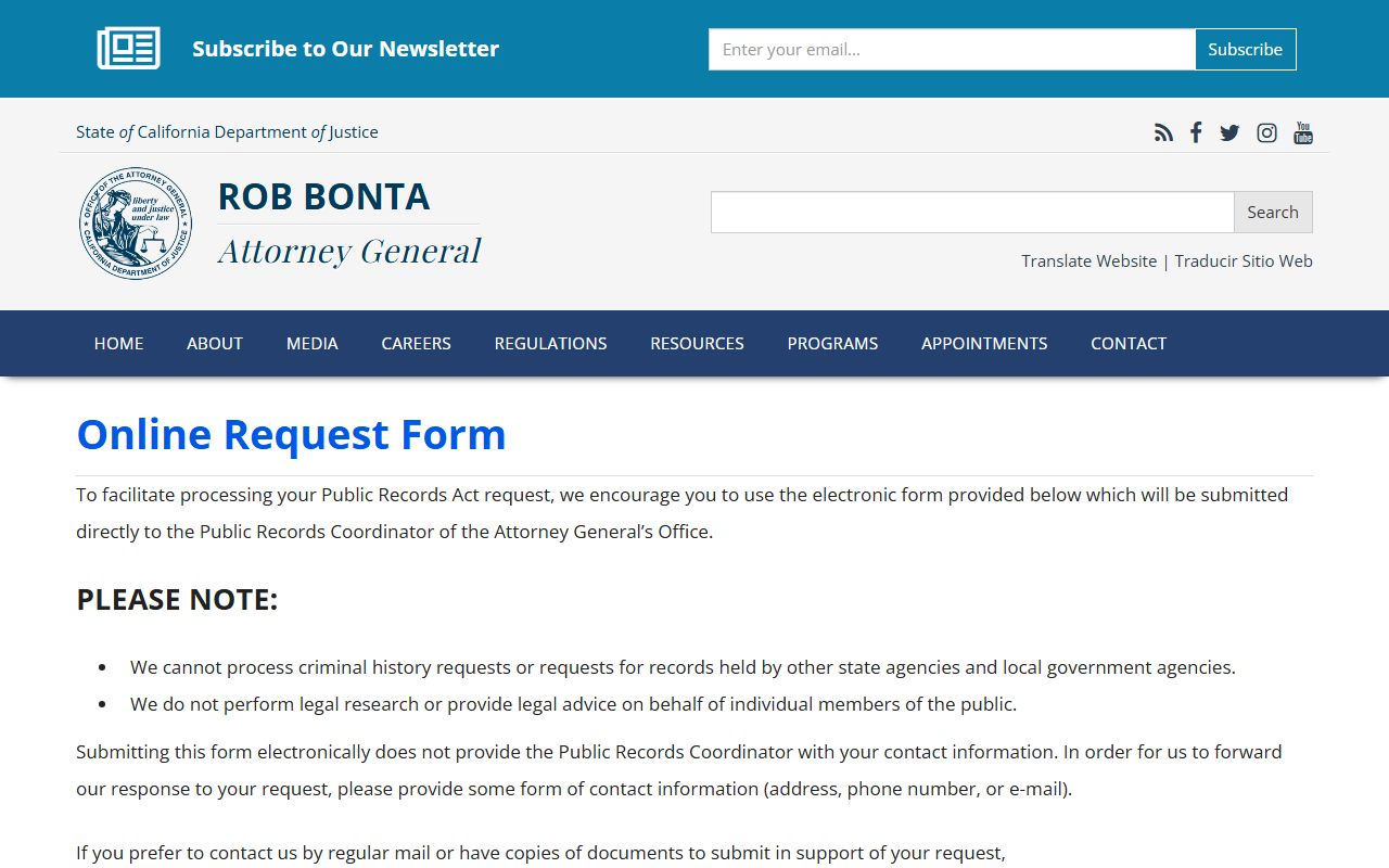 California DOJ online request form for busted mugshots records